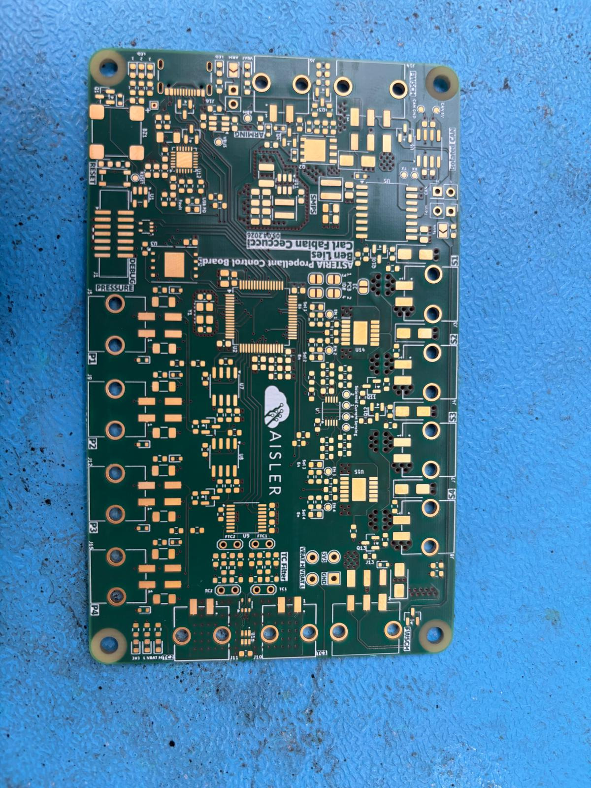 The bare four-layer Propellant Control Board before assembly, silkscreen showing the S1–S4 solenoid channels, P1–P4 pressure ports, isolated CAN and arming sections